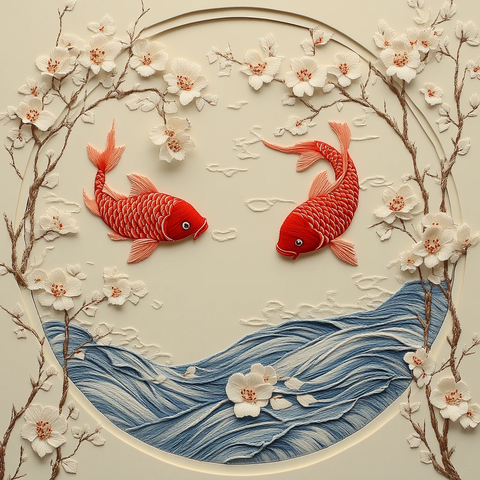 双红鱼圆形绣品