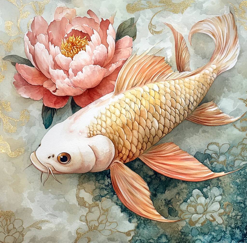 金粉鱼与牡丹