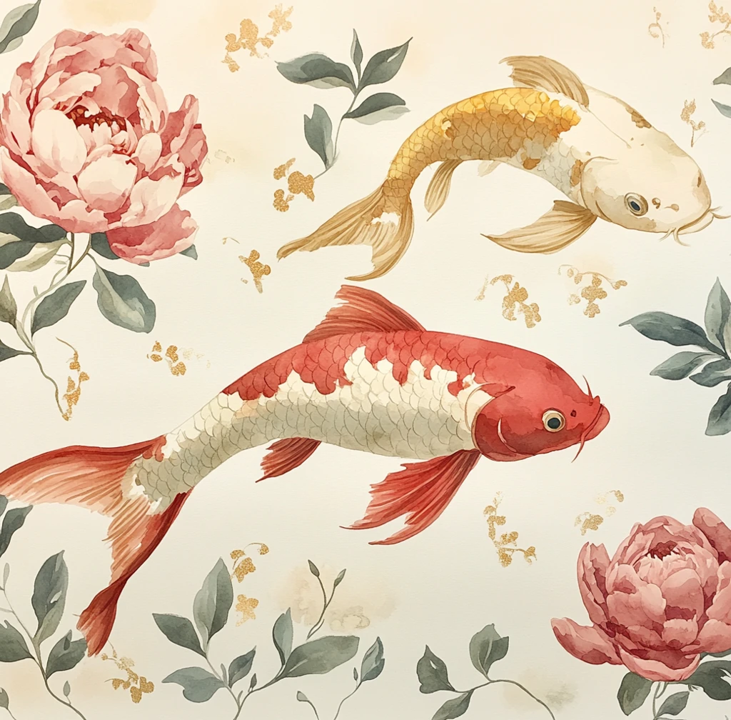 金粉鱼与牡丹