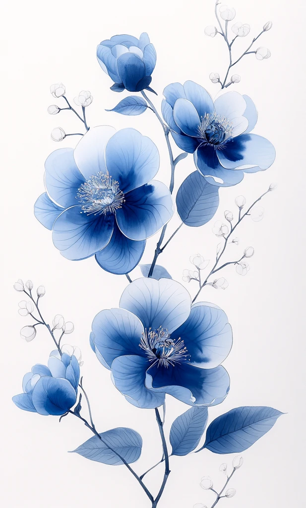 蓝色牡丹白叶图