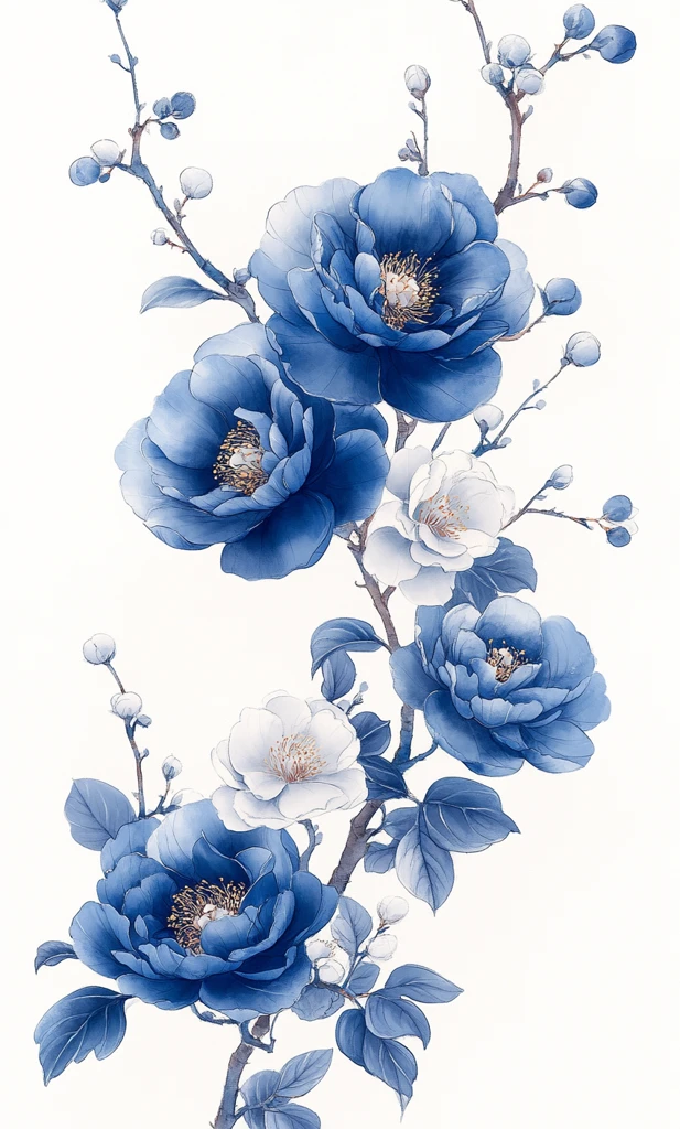 蓝色牡丹白叶图