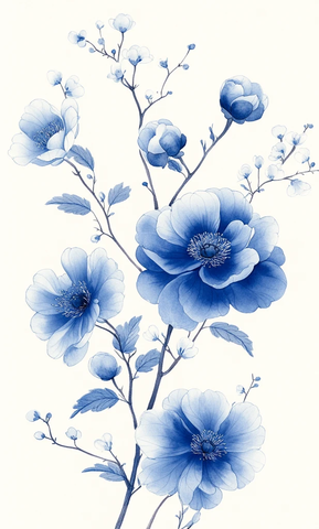 蓝色牡丹白叶图