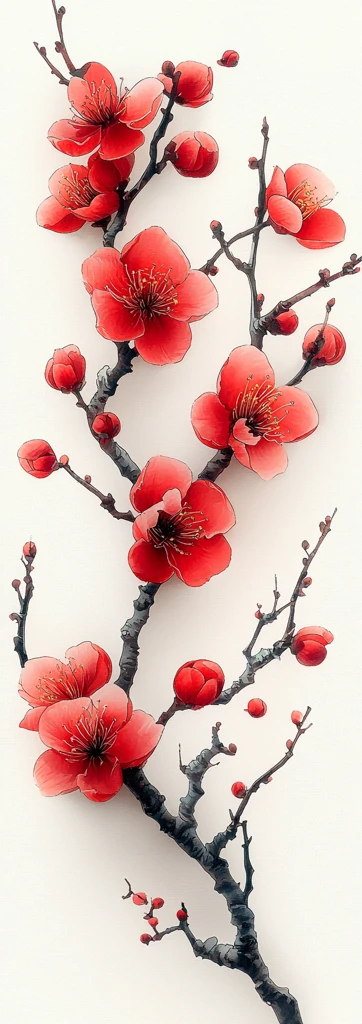 梅花白底红花朵细绘