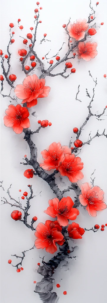 梅花白底红花朵细绘