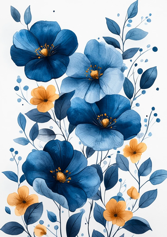 蓝色水彩花卉边框