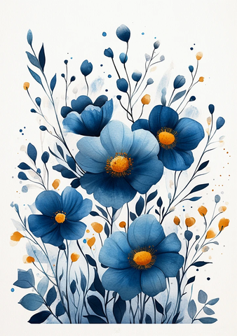 蓝色水彩花卉边框