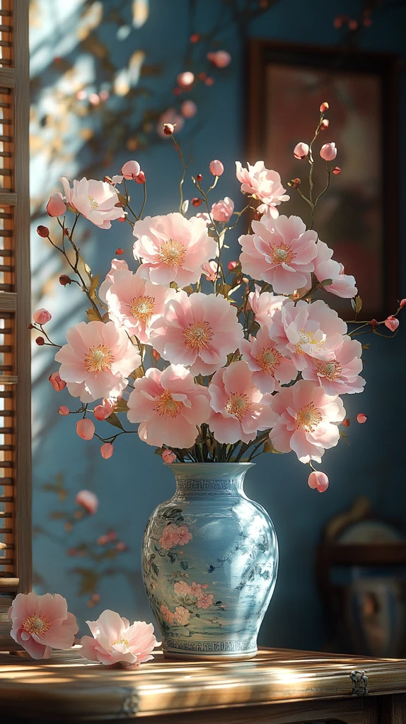 牡丹插花瓷瓶陈设