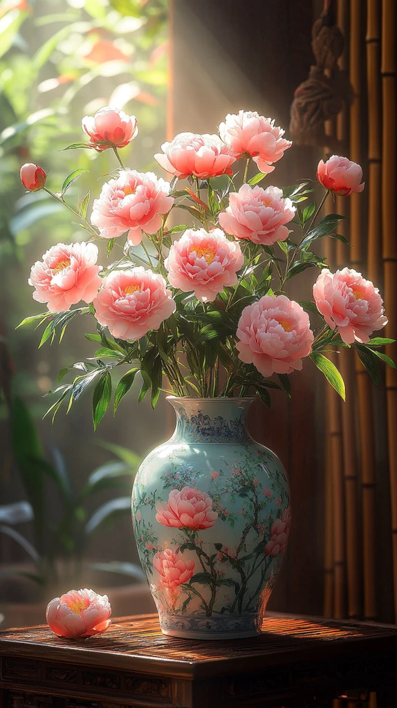 牡丹插花瓷瓶陈设