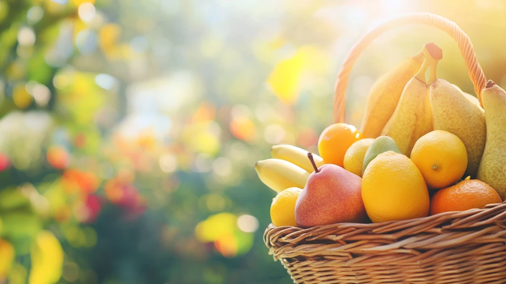 柳条篮中各种水果